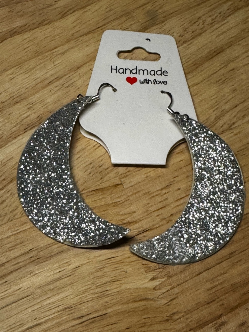 Handmade Silver Glitter Crescent Earrings